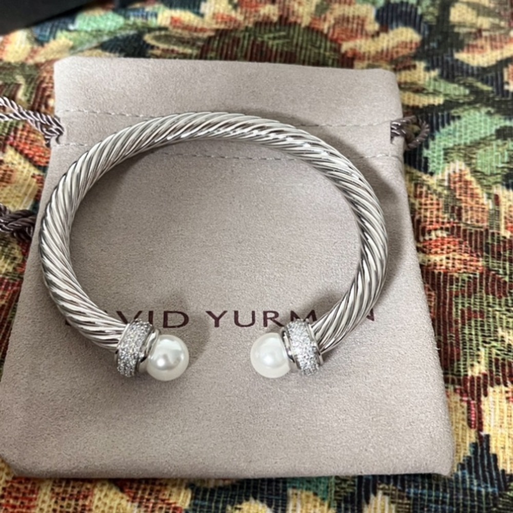 David Yurman Silver Cable Bracelet with Pearls and Pavé Accents 7mm